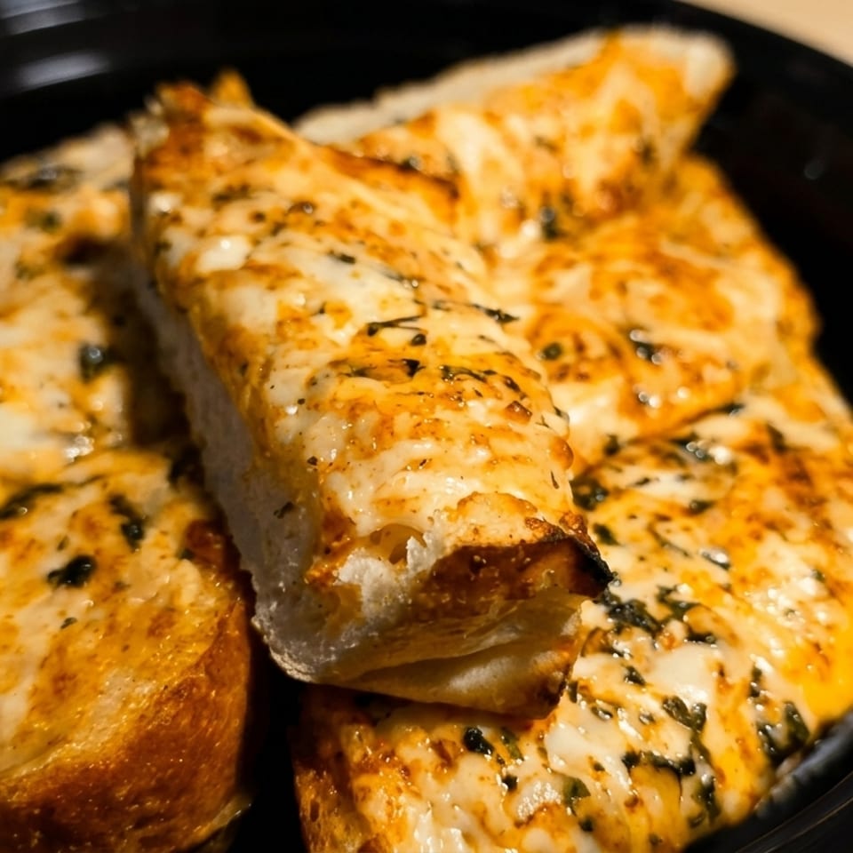 Golden cheesy breadsticks sprinkled with herbs arranged on a black plate.