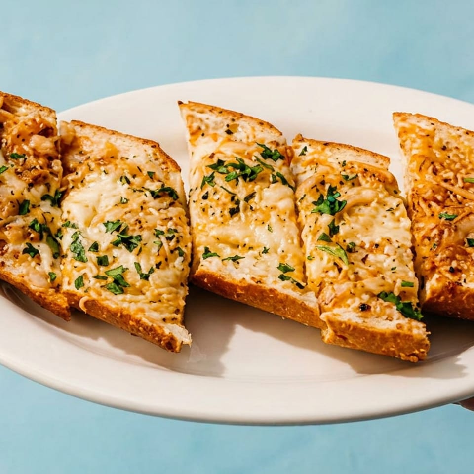 Five slices of golden cheesy garlic bread topped with herbs and sesame seeds on a white plate, held against a blue background.