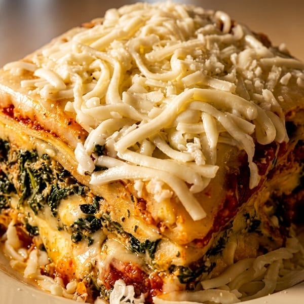 Close-up of layered lasagna with tomato sauce, spinach, black olives, and shredded cheese on a plate.