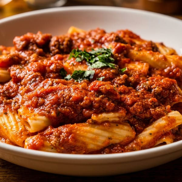 Rigatoni pasta topped with rich tomato meat sauce and fresh herbs, served in a white bowl on a rustic wooden table.