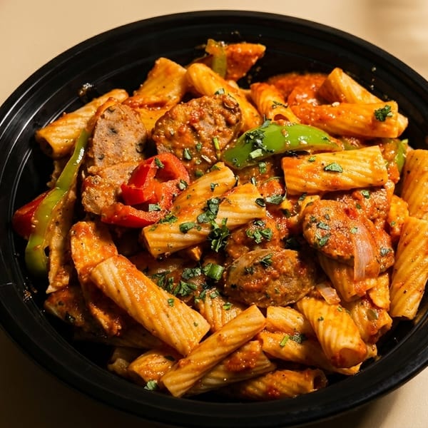 Black bowl filled with rigatoni pasta, meatballs, peppers, and herbs in a rich tomato sauce.