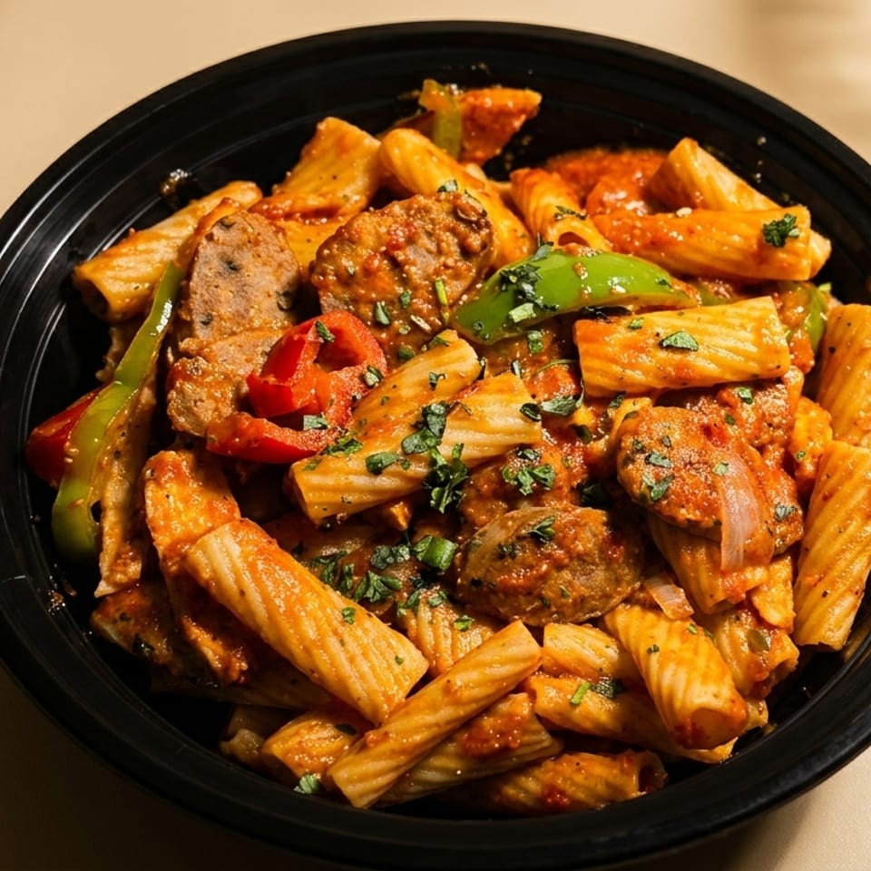 Black bowl filled with rigatoni pasta, meatballs, peppers, and herbs in a rich tomato sauce.