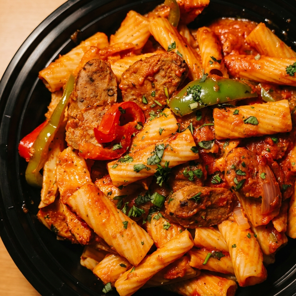 Black bowl of rigatoni pasta with tomato sauce, sausage, peppers, onions, and fresh herbs on a wooden table.