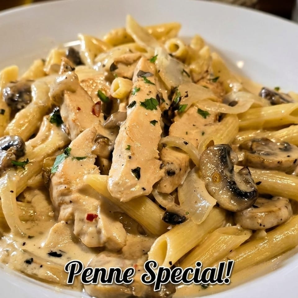 Creamy penne pasta with chicken, mushrooms, herbs, and peppers on a white plate, labeled “Penne Special.”