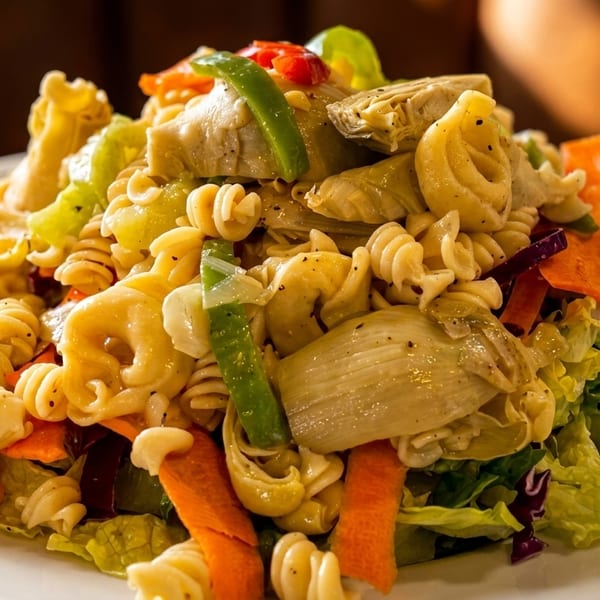 Heaping pasta salad with fusilli, vegetables, leafy greens, and creamy dressing served on a white plate.