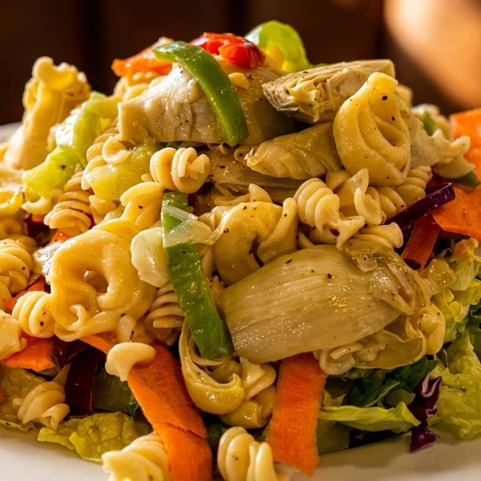 Heaping pasta salad with fusilli, vegetables, leafy greens, and creamy dressing served on a white plate.