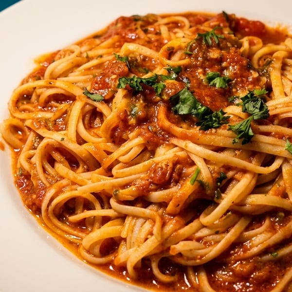 Plate of spaghetti coated in rich tomato meat sauce and garnished with fresh parsley.