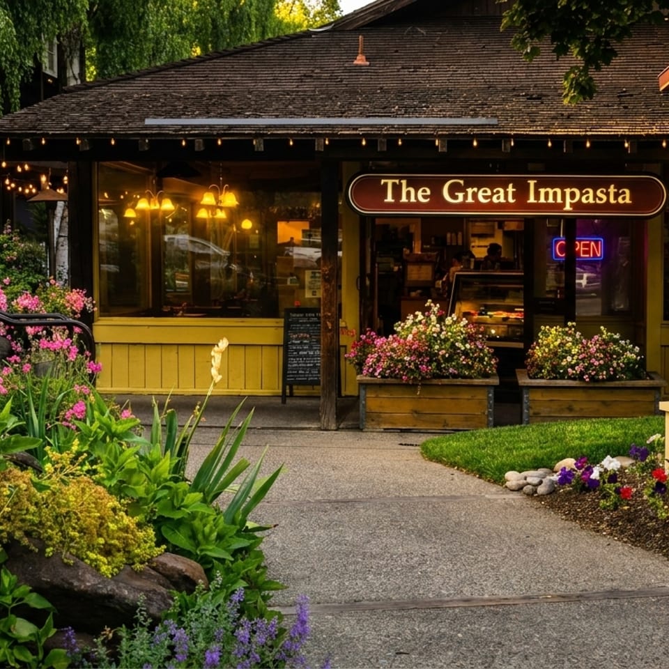 The Great Impasta restaurant entrance with flower planters, outdoor seating, directory sign, and illuminated storefront.