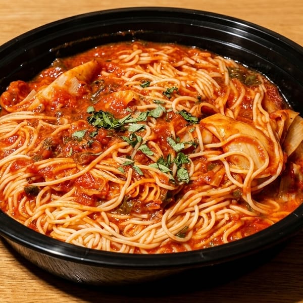 Bowl of spaghetti in chunky tomato sauce, topped with fresh herbs and served in a black dish on a wooden table.
