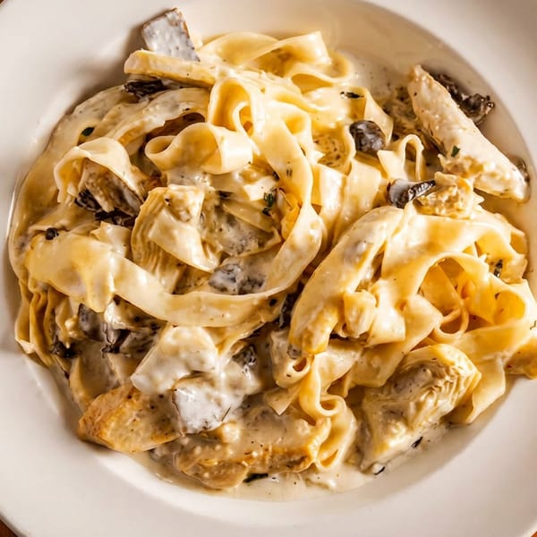 Creamy fettuccine pasta with sliced chicken and mushrooms served on a white plate atop a wooden table.