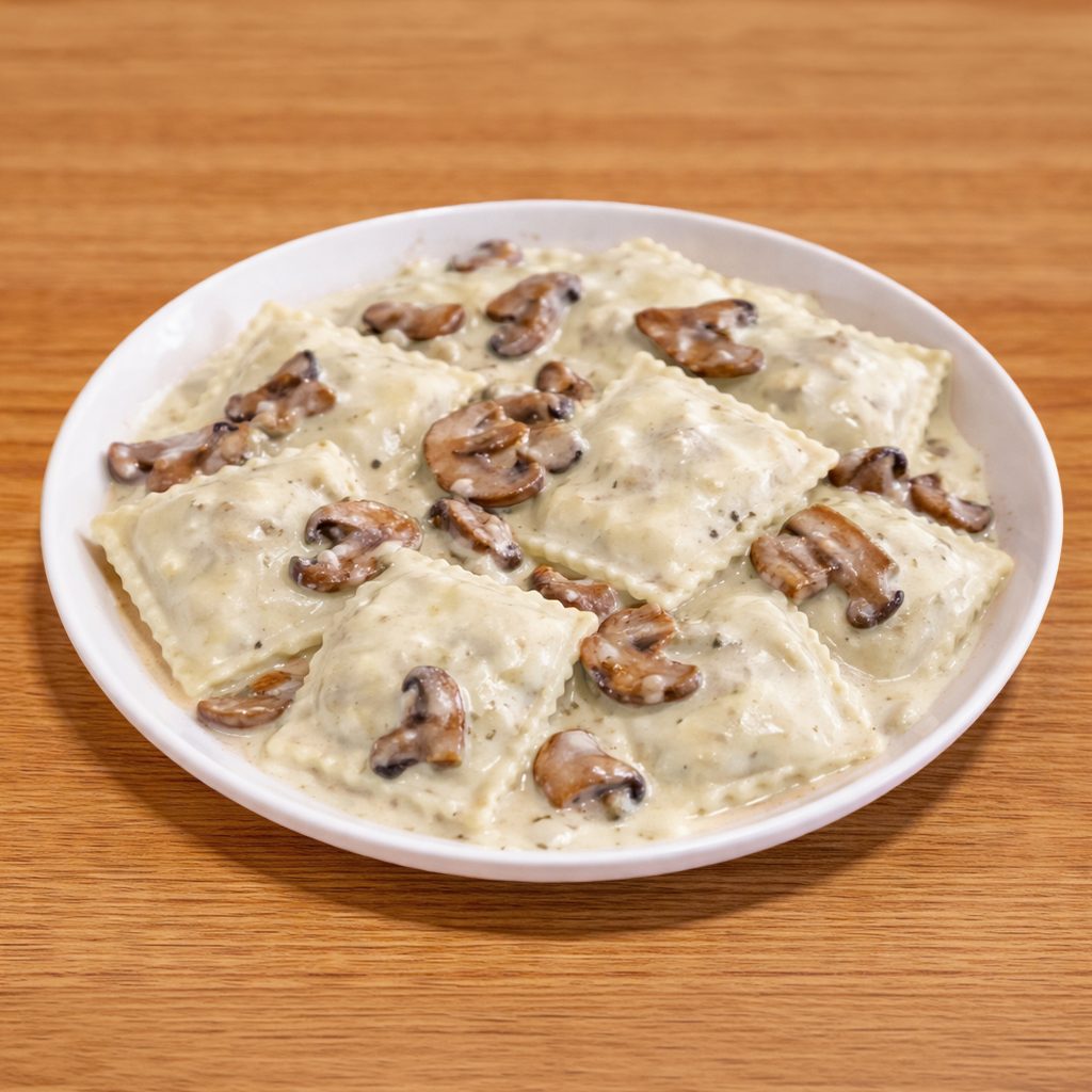 Porcini Mushroom Ravioli in Mushroom cream sauce.