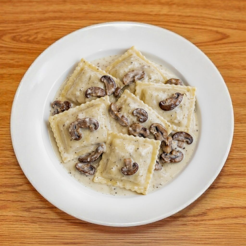 Chicken & Spinach Ravioli in Mushroom Cream Sauce.