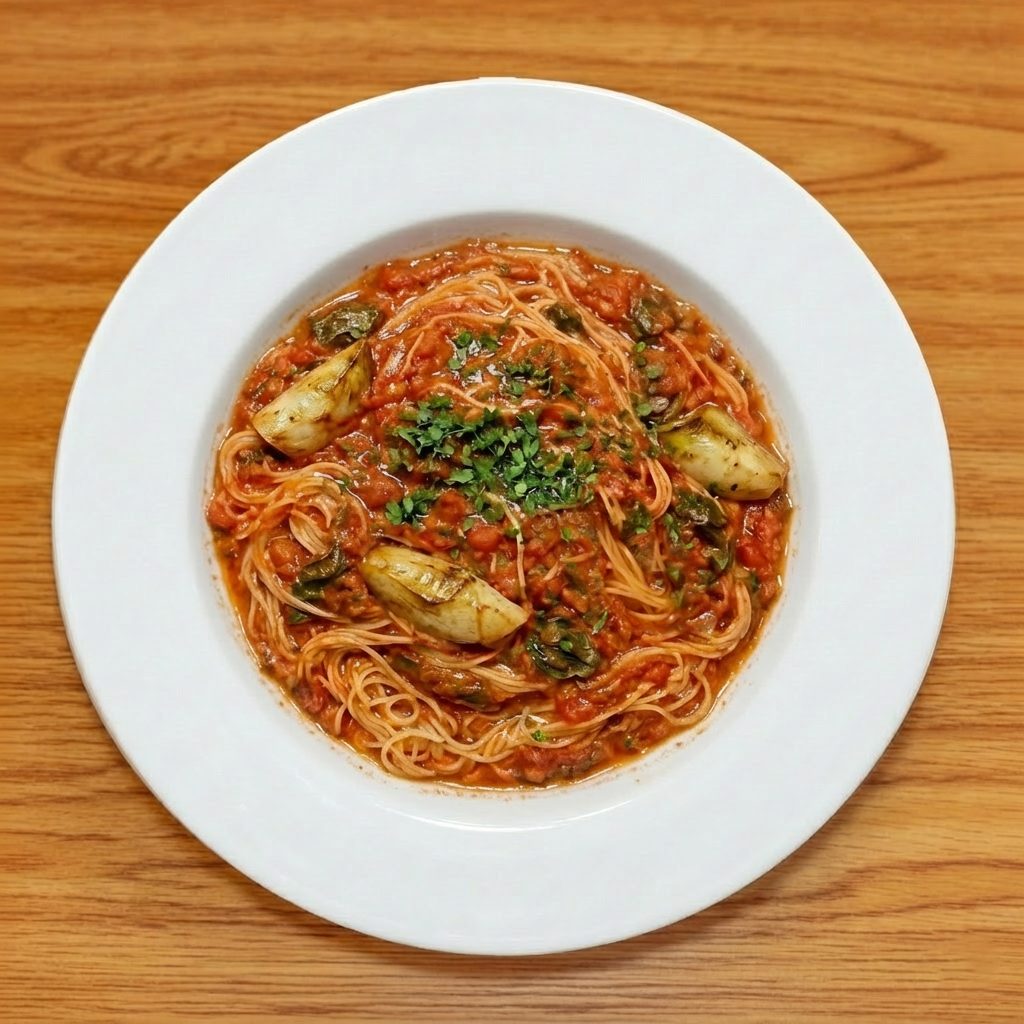 Angel Hair with Basil, Tomato & Artichoke Sauce.