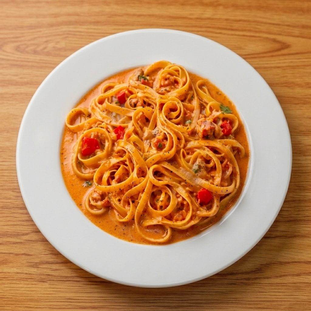 Fettuccine with Pink Alfredo Sauce (Vodkaless Vodka Sauce).